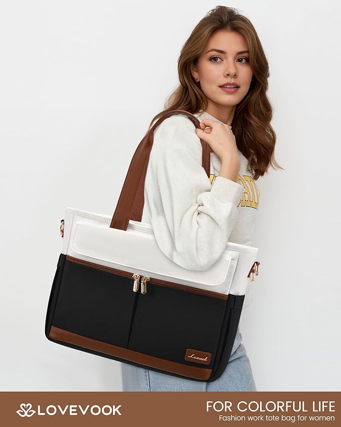 LOVEVOOK Upgrade Version Work Bags for Women 15.6 Inch Laptop Bag Large Capacity Mutiple Pockets Teacher Bag Water Resistant Canvas Tote Bag Purse for Office Travel College Nurse Teacher, Black Brown