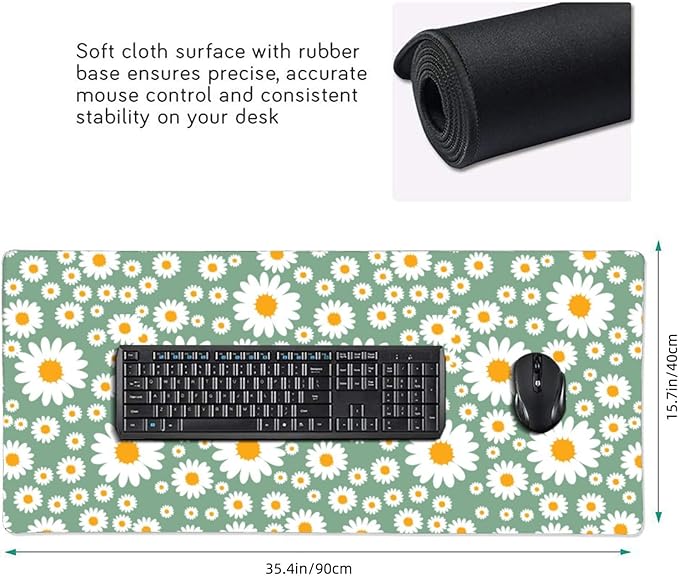 Extra Large Mouse Pads Daisy Flowers XXL Mousepad with Stitched Edges Spring Floral Print Non-Slip Rubber Base Computer Keyboard Pad Desk Mat for Home Office Desk Decor, 35.4" X 15.7"