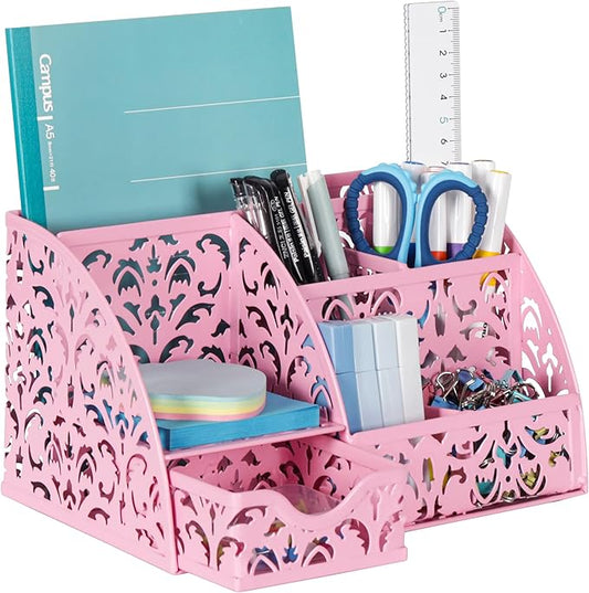 EasyPAG Pen Holder Desk Organizer with Drawer Pencil Cup for Desk 6 Compartments Metal Office Caddy Storage with Sticky Notes Holder for School Home Office, Pink