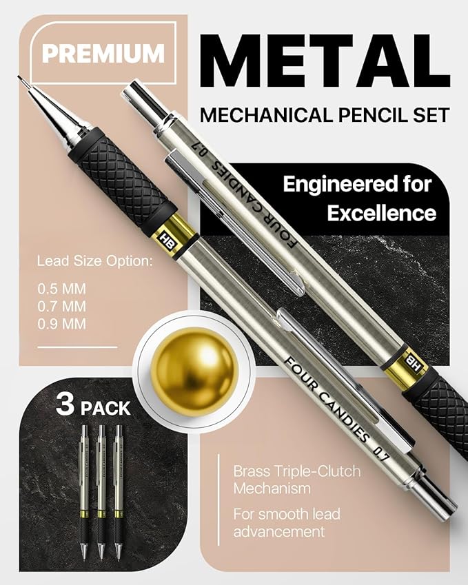 Metal Mechanical Pencil Set - 3PCS 0.5 & 0.7 & 0.9 mm Art Pencils & 360PCS HB Lead Refills & 3PCS Erasers & 9PCS Eraser Refills, for Drawing, Writing, Sketching, Drafting - With Case