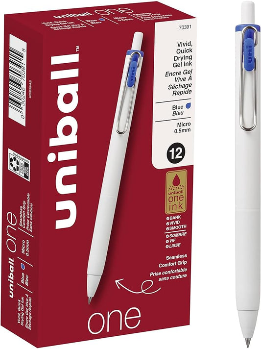 uniball one Retractable Gel Pens, Micro Point (0.5mm), Blue Ink, 12 Pack