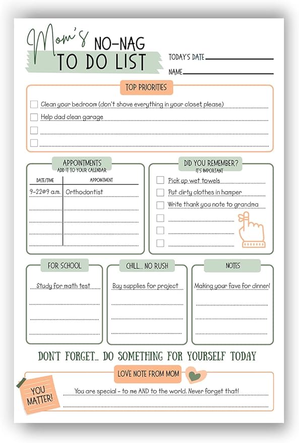 Mom's No-Nag To-Do List, 50 Tear-Off 6"x9" Sheet Pad (Perfect for Tweens and Teens) - Organizer, Scheduler, Daily Planner, Productivity Tracker for Organizing Goals, Notepad