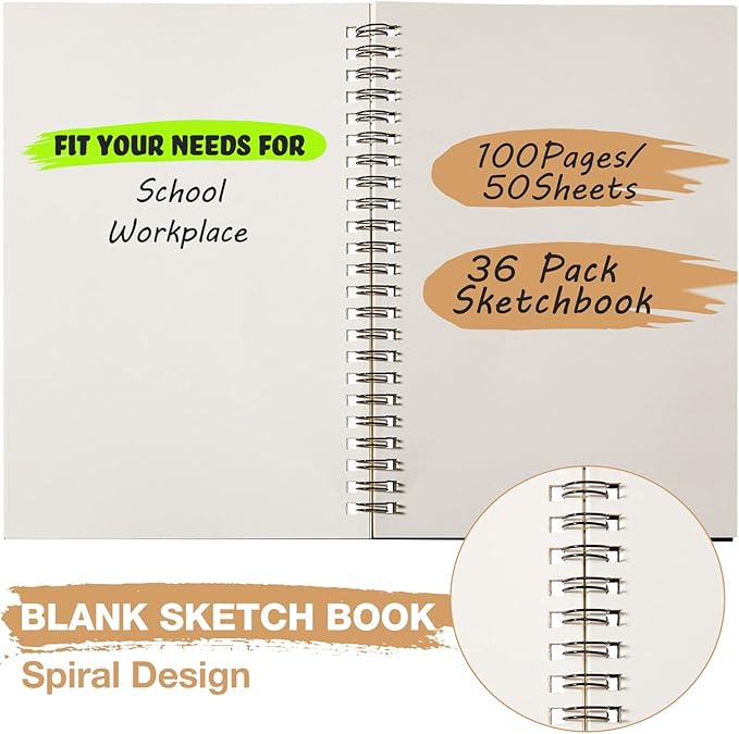 Epakh 36 Pack Blank Spiral Notebook Unlined Notebook Bulk A5 Soft Cover Students Sketchpads Memo Notepad for Drawing Art Back to School Gifts 100 Pages/ 50 Sheets, 8.3 x 5.5 Inches(Black)