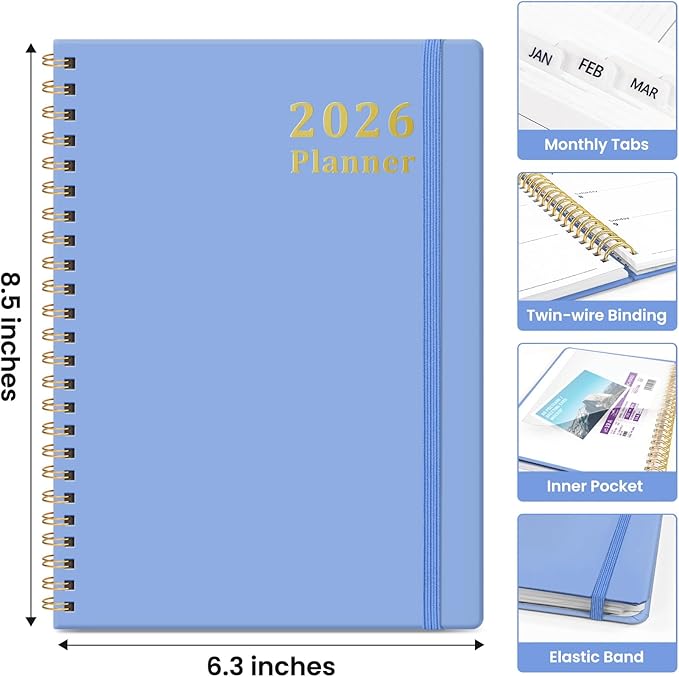 2026 Planner, Weekly and Monthly Calendar Planner, January 2026 - December 2026, Hardcover 2026 Calendar Book with Tabs For Women & Men, Inner Pocket, Spiral Bound, Perfect for Office Home School Supplies - A5 (6.3" x 8.5"), Lavender