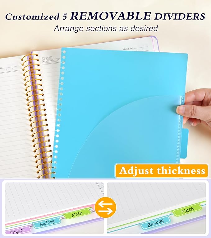 5 Subject Notebook College Ruled with Removable Pocket Dividers Tabs, 240 Pages Spiral Notebook 8.5 x 11, Lined Journal Notebook for Women , Hardcover Notebooks for Work School Note taking A4 Purple