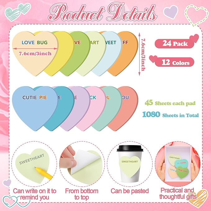 Teling 24 Pack Valentine's Day Sticky Notes Heart Shape Sticky Notes 3 x 3 Inch Love Theme Notepads Bulk Cute Memo Pads for Galentines Party Gifts School Office Supplies (Pastel)