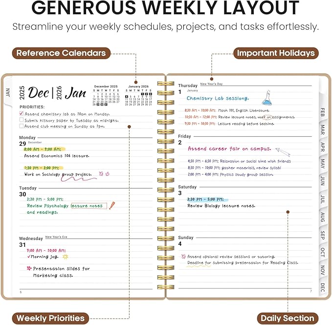 2026 Planner, Weekly and Monthly Calender Planner, Jan 2026 to Dec 2026, Hardcover 2026 Calendar Book with Tabs & Inner Pocket, Office Home School Supplies for Women & Men - A5 (6.3" x 8.5"), Oat Brown