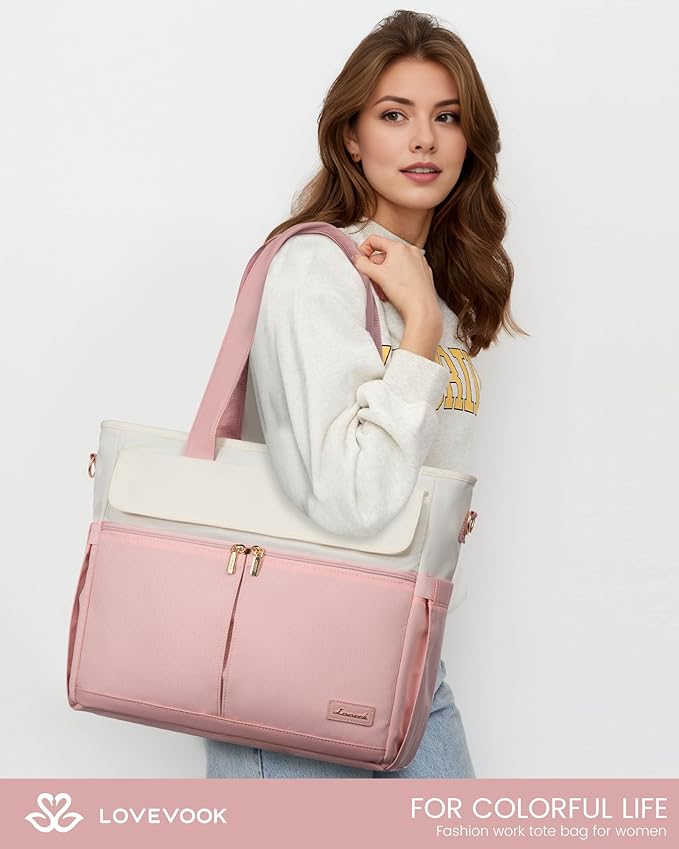 LOVEVOOK Laptop Bag for Women 15.6 Inch Canvas Laptop Large Capacity Work Bags Mutiple Pockets Teacher Bag Water Resistant Computer Bags for Business Travel Nurse, Pink Beige