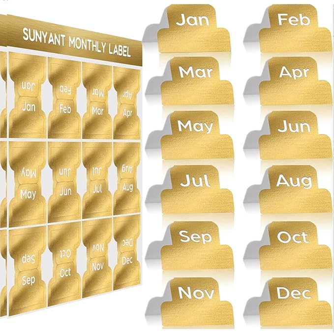 Outus 24 Pieces Monthly Adhesive Tabs for Planner - Designer Accessories Monthly Tabs Stickers Decorative for Office Planners Organizations Sturdy Notebook Planners Journal(Gold)