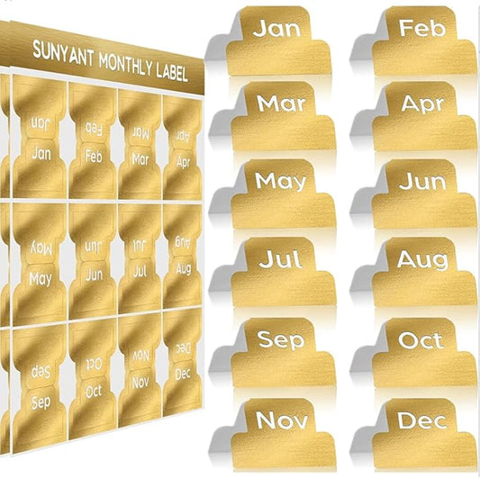 Outus 24 Pieces Monthly Adhesive Tabs for Planner - Designer Accessories Monthly Tabs Stickers Decorative for Office Planners Organizations Sturdy Notebook Planners Journal(Gold)