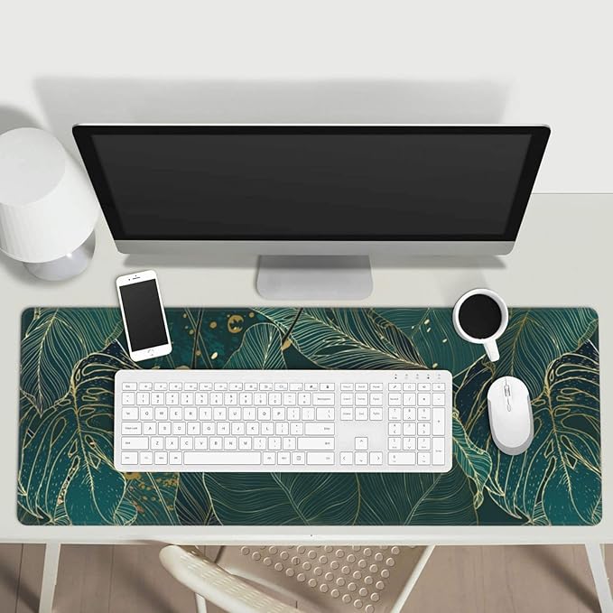 Tropical Monstera Leaves Gold Green XXL XL Large Gaming Mouse Pad for Desk, Non-Slip Long Extended Keyboard Pads Mousepad Rubber Table Mat 31.5 X 11.8 Inch