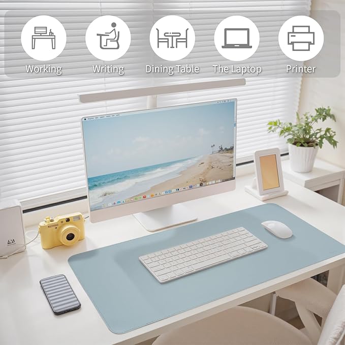 Oversized Non-Slip Desk Pad Protector with Premium Gift Box – Vegan Leather Waterproof Laptop Mat for Keyboard & Mouse, Grips Desk Firmly – Large Office Pad– Morning Fog Blue