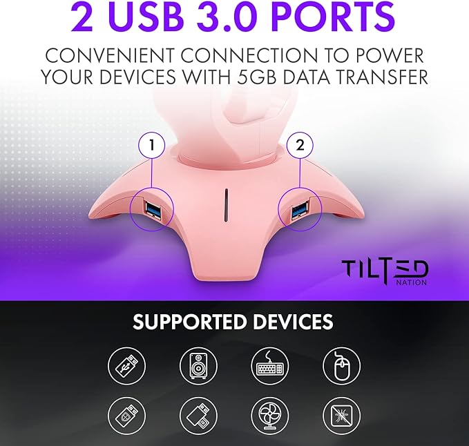 Tilted Nation Cute Headphone Stand Pink | Headset Stand with RGB, Mouse Bungee Holder, and 2 Port USB Hub Charger - Desk Gaming Accessories