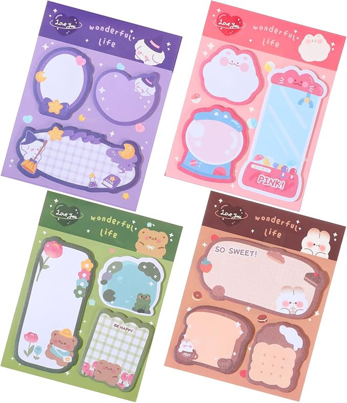 4 Pack Sticky Notes Kawaii Animal Posted Notes Set 240 Sheets Animals Shape Markers Flags Self-Stick Memo Pads Kawaii Small Self-Stick Note Pad for Office Roommates Home Kids Students (Set 2)