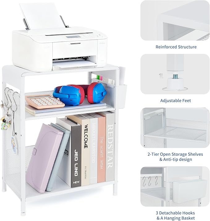 Small Under Desk Storage, White Printer Stand with Storage Shelf, 3-Tier Height Adjustable Printer Table with Basket & 3 Hooks for Home Office Fax Machine Scanner Files