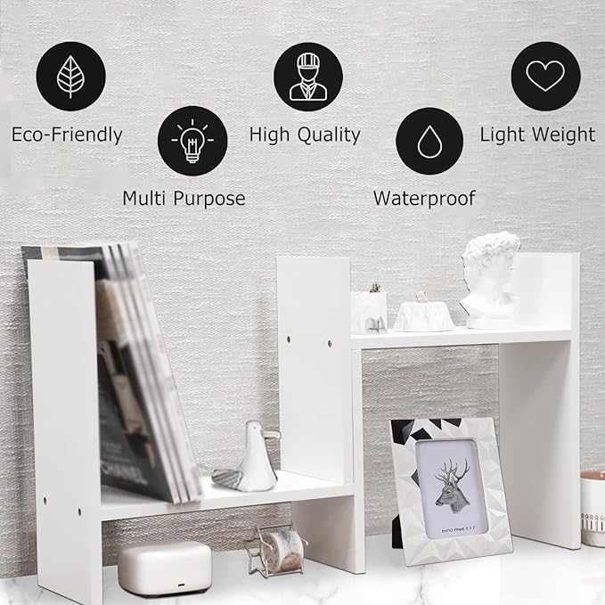MASAKA B&W - Kawaii Storage Desktop Organizer for Your Desk Space, Double H Plants Display Shelf, Home Office Storage Rack Adjustable Stackable for Office, Dormitory (White*01)