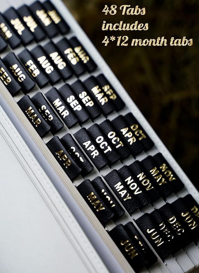UPAFEXXI-Leather Monthly Tabs, 48 Pcs Planner Tabs, Calendar Month Stickers for Planners, Organizing and Sorting out Notebooks (Black)