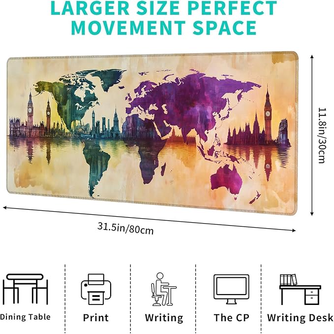 World Map Retro Gaming Mouse Pad – 12x31.5in Non-Slip Rubber Desk Mat with Vibrant City Skyline Design – Large Extended Mousepad for Office Home – Deskmat Gifts for Travel and Art Lovers Decor