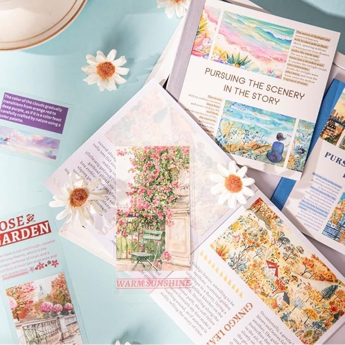40 Sheets Diecut Washi Sticker Books for Scrapbooking, Summer Seaside Coastal Waves and Gold Fall Fairytale Theme Decorative Stickers for Journaling, Junk Journal Supplies, Scrap Book