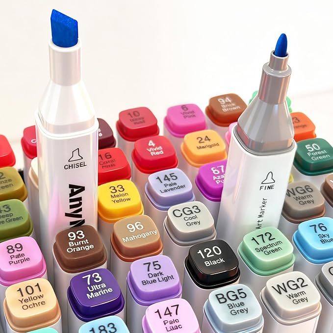 AnyMark Alcohol Markers, 48 Colors Dual Tip Art Coloring Markers Set for Adult Book Drawing Sketching Painting, Chisel & Fine, White Penholder