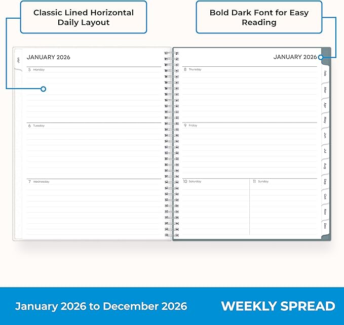 Blue Sky 2026 Weekly and Monthly Planner Calendar, January 2026 - December 2026, 8.5" x 11", Flexible Frosted Cover, Laminated Tabs, Durable Twin Wire Binding, Storage Pocket, Amitza