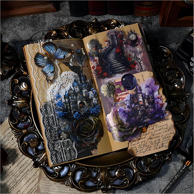 Vintage Dark Aesthetic Goth Scrapbook Supplies Stickers, Waterproof PET Transparent Sticker Stairways with Gothic Flowers Castle Backgrounds for Junk Journaling, Bujo, Planner Decorative