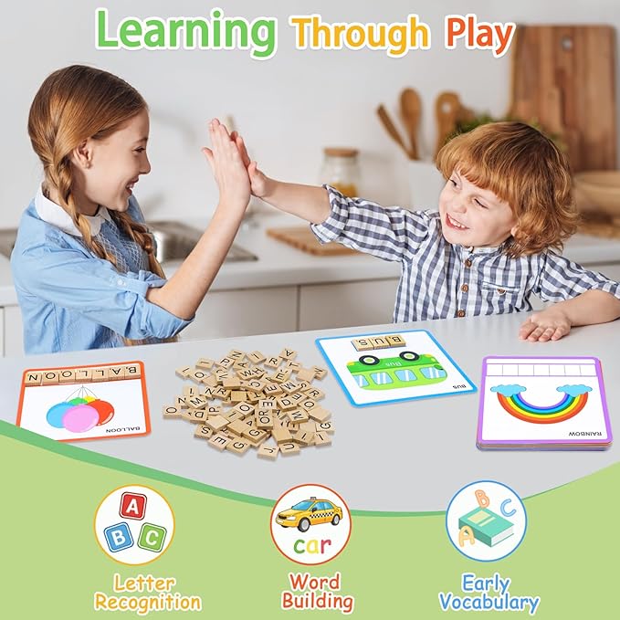 Spelling Games, Sight Word Games for Kids 3-8, 30 Double-Sided Alphabet Flash Cards, 100 Wooden Letters, Preschool Learning Activities Toys, Montessori Educational Toys Gifts for Kids