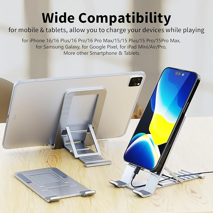 Cell Phone Stand for iPhone 17 Pro Max 16 15 14 13 for Samsung S25 S24 A17 A16 Galaxy Flip Pixel 10 Aluminum Adjustable Cradle Holder Tablet Kickstand for iPad Mini Air Desk Home Office, Silver