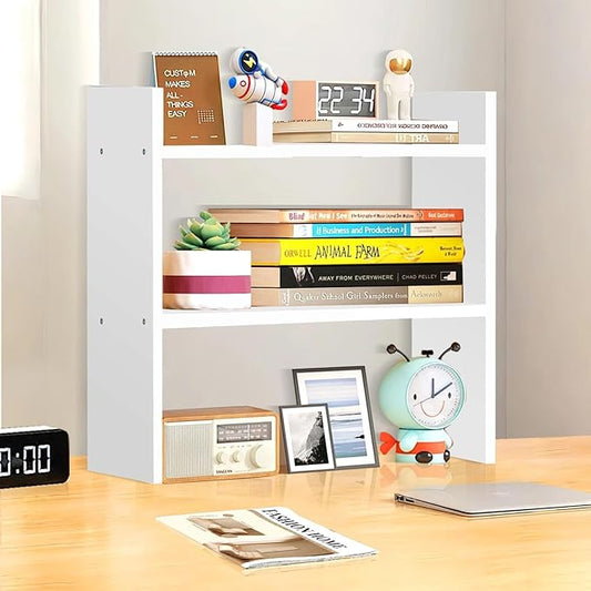 Wood Desk Organizer - Small Desk Shelf, 2 Tier Desktop Bookshelf for Workspace Organizers Dorm, White Desktop Shelf Organizer