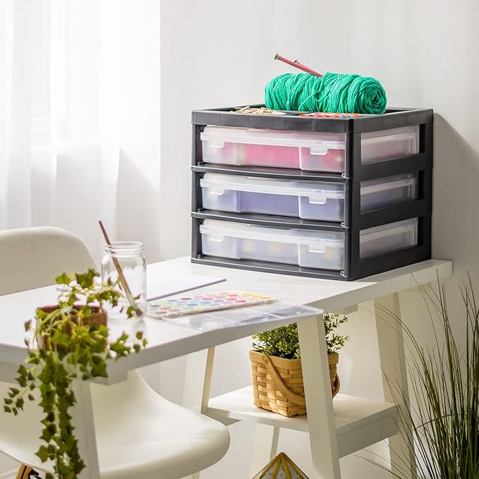 IRIS USA Fits 12" x 12" Paper, 3-Tier Desk Top Storage Unit with Organizer Top, for Office Art & Craft Supplies, Pens Pencils Sticky Notes Paper Clips, 3 Clear Cases w/ Built in Handle - Black/Clear