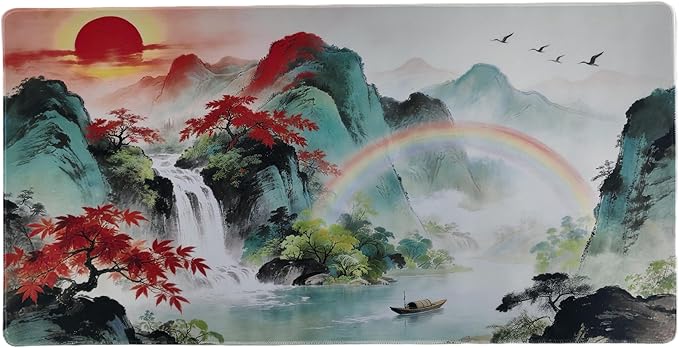 Large Mouse Pad Desk Mat, Asian Mountain Landscape with Red Maple Tree, Waterfall and Rainbow Design, 31.1x15.7 Inches, Cloth and Rubber Material with Stitched Edges
