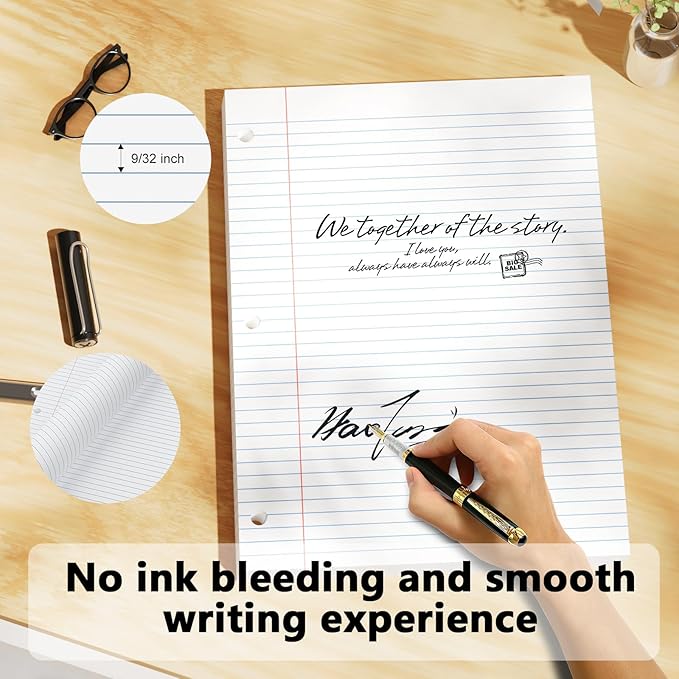 White Loose Leaf Paper 130 Sheets Filler Paper 8 * 10.5 College Ruled 3-Hole Punched for 3-Ring Binders Notebook Lined 8" x 10.5"