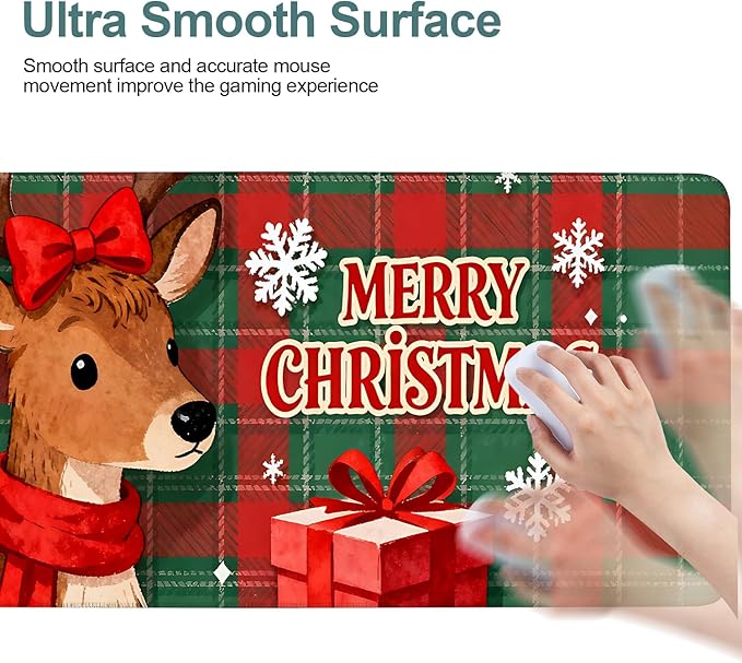 Extended Gaming Mouse Pad Large Desk Mat Anti-Slip Rubber Base & Durable Stitched Edges for Gamers Smooth Mouse Writing Surface for Desk Office/Home (Merry Christmas - Elk, 31.5x11.8inches)