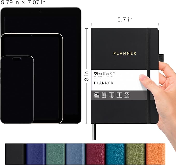 And Per Se Undated Planner – A5 Leather Hardcover Weekly & Monthly Goal Planner for 72 Weeks (1.5 Years) – with Goal & Habit Tracker (Black)
