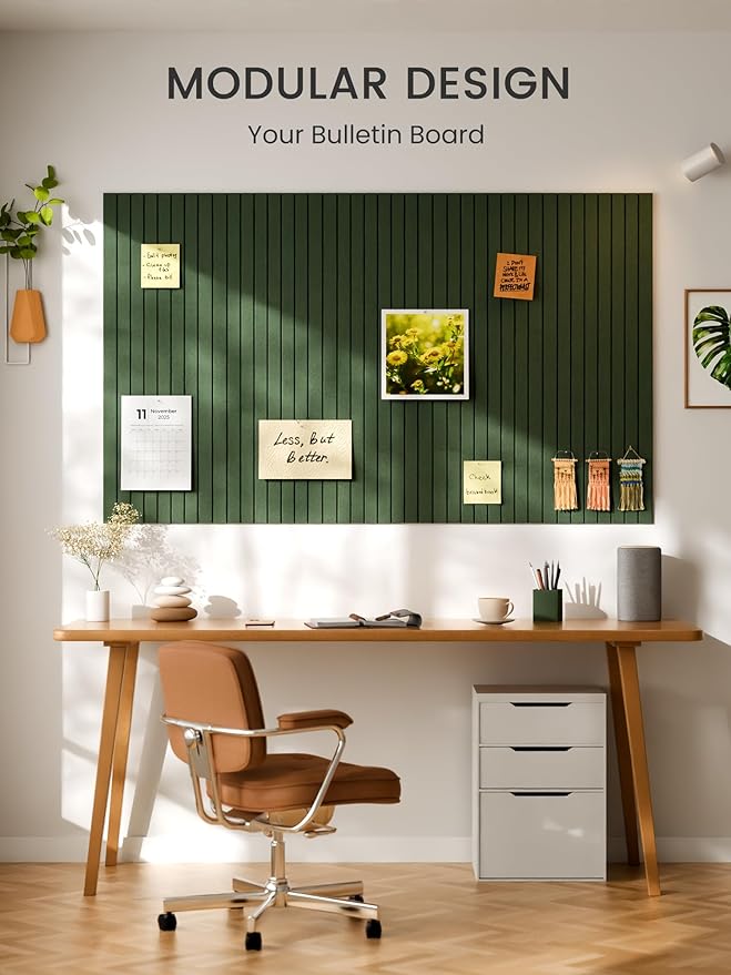 Bumusty Large Cork Board Alternative-36 x 24" Felt Bulletin Board Tiles, with 30 Pushpins, 40 Adhesive Tabs, 6-Pack Slat Wall Paneling, Cork Boards for Office Push Pin Board Felt Board-Moss Green