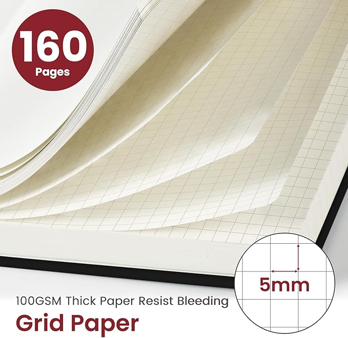 Taja Graph Journal Notebook for Women & Men, Hardcover Leather Journal for Writing, A5 Graph Paper Notebook for Planning & Tracking, Perfect for Office School Home Supplies, Black