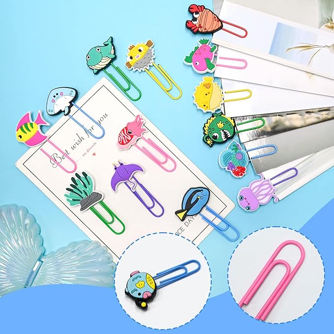 Cute Paper Clips, 50Pcs Ocean Animals Bookmark Paperclips Bulk Metal Fun Sea Animals Planner Clip Clamp Desk Accessories Stationery Colorful Office Supplies Gifts for Student Teacher Party Decorative