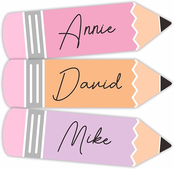 Colorful Pencils Shapes Student Name Tags - 45 Pcs Self-Adhesive Stickers for Teens - Multipurpose Name Label Favors Decorations & Supplies for Classroom Desks Bulletin Boards School -A08