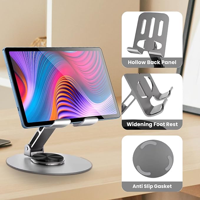 Universal Metal Cell Phone Stand, Multi-Angel Adjustable 360° Rotation Non-Slip Metal Phone Stand Compatible with iPhone 17 16 Pro Max and All Smartphones (Grey)