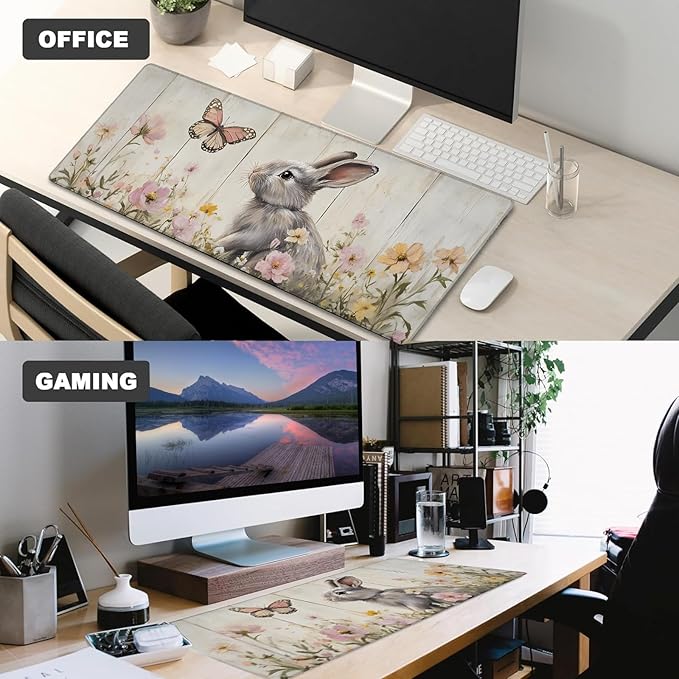 Floral Bunny Gaming Mouse Pad – 12x31.5in Large Extended Desk Mat with Cute Rabbit and Butterfly Design – Non-Slip Rubber Mousepad for Office Home – Deskmat Gifts for Animal Lovers Decor