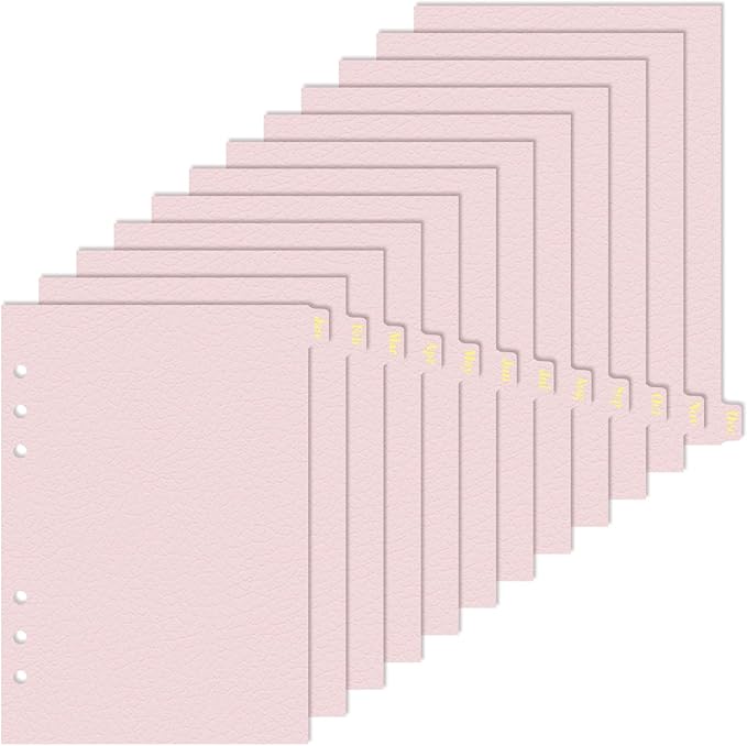 Leather Textured A5 Paper Card Dividers 6 Holes Ring Index Page Tab Divider for Travel Diary Binder Notebooks Journal Plan (12 Monthly Tabs - Pink)