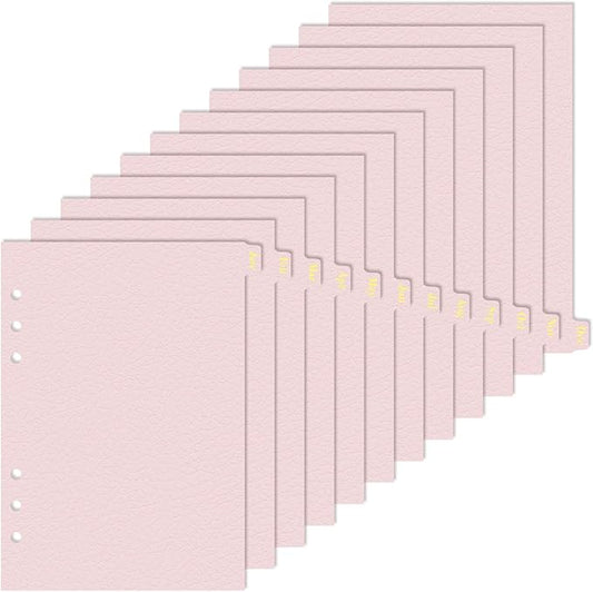 Leather Textured A5 Paper Card Dividers 6 Holes Ring Index Page Tab Divider for Travel Diary Binder Notebooks Journal Plan (12 Monthly Tabs - Pink)