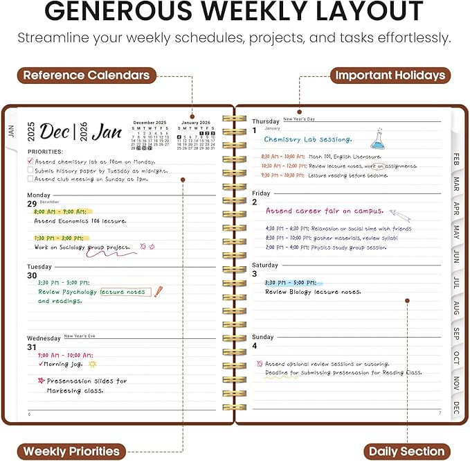 2026 Planner, Weekly and Monthly Calender Planner, Jan 2026 to Dec 2026, Hardcover 2026 Calendar Book with Tabs & Inner Pocket, Office Home School Supplies for Women & Men - A4 (8.5" x 11"), Rust Brown