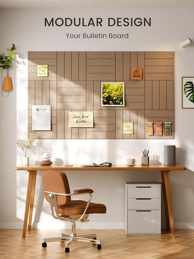 Bumusty Large Cork Board Alternative-36 x 24" Felt Bulletin Board Tiles, with 30 Pushpins, 40 Adhesive Tabs, 6-Pack Slat Wall Paneling, Cork Boards for Office Push Pin Board Felt Board-Taupe
