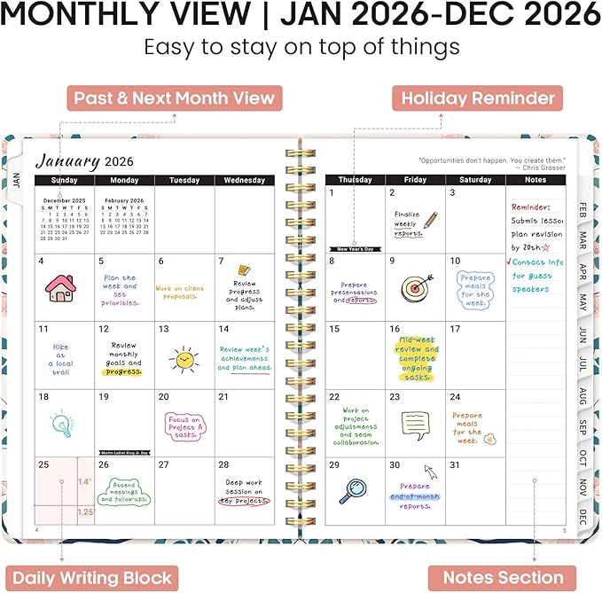 2026 Planner, Weekly and Monthly Calendar Planner Book, January 2026 - December 2026, Hardcover Spiral Planner with Monthly Tabs, Notes Pages, Perfect for Women & Men, A5 (6.4" x 8.5") - Peacock