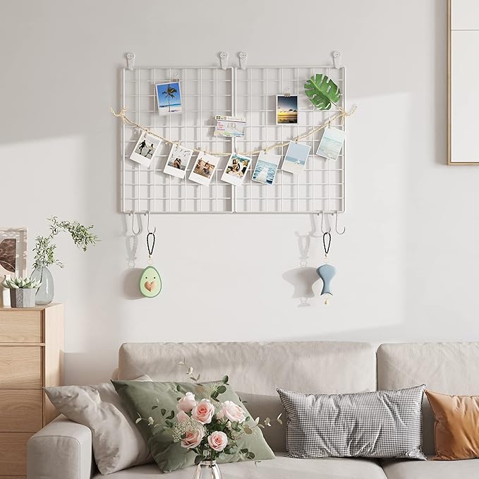 C&AHOME Photo Wall Display Set of 2, Grid Panel with Hooks, Clips, Hemp Cord, Hammer - 15.7" x 11.8", White UWWGM3402W