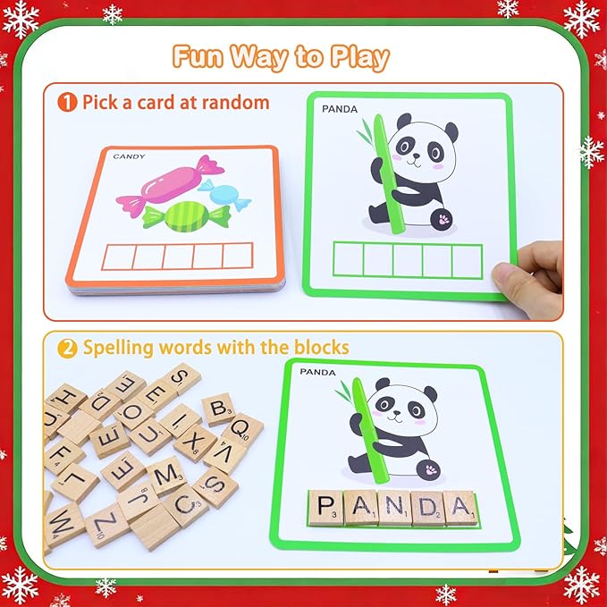 Spelling Games, Sight Word Games for Kids 3-8, 30 Double-Sided Alphabet Flash Cards, 100 Wooden Letters, Preschool Learning Activities Toys, Montessori Educational Toys Gifts for Kids