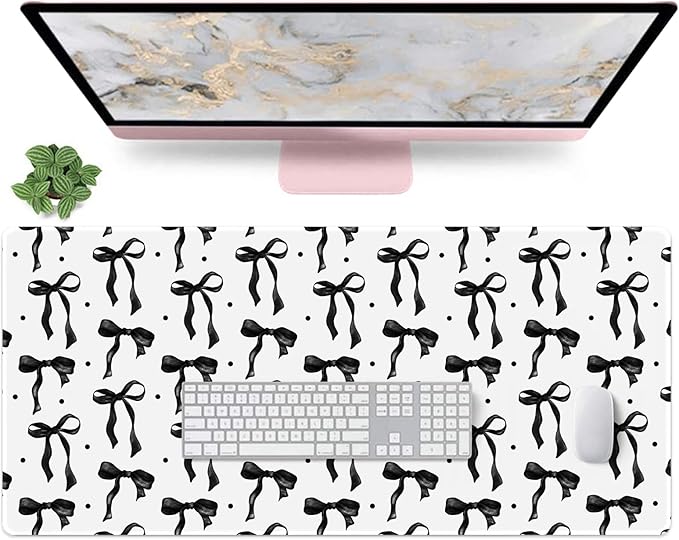 Cute Mouse Pad, Black and White Desk Mat with Bows Computer and Keyboard Mat, Non-Slip Rubber Base Laptop PC Pad, XXL Large Mouse Mat Desktop Pad Home Office Accessories for Girl 35.4 x 15.7in