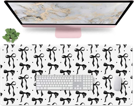 Cute Mouse Pad, Black and White Desk Mat with Bows Computer and Keyboard Mat, Non-Slip Rubber Base Laptop PC Pad, XXL Large Mouse Mat Desktop Pad Home Office Accessories for Girl 35.4 x 15.7in