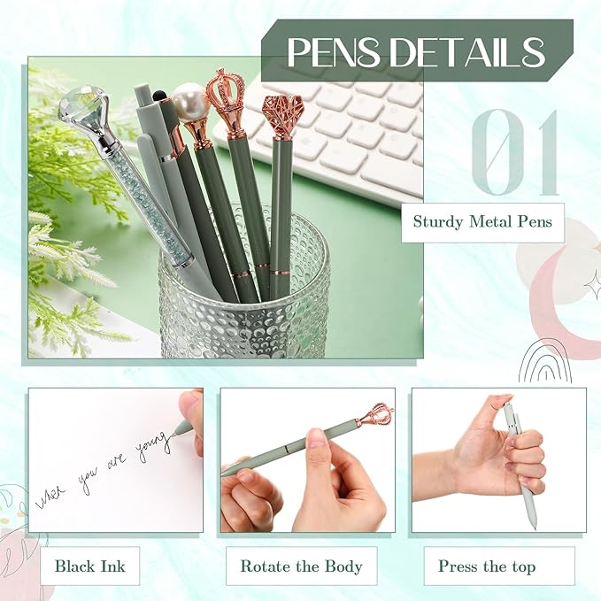 6 Pcs Ballpoint Pens Set Metal Crystal Diamond Pen for Journaling Glitter Pretty Black Ink Fancy Gifts Cute Stationery for Women Girls Teacher Office Wedding School Supplie (Sage Green)